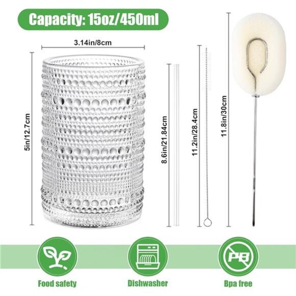 Drinking Glasses with Straws 15oz Vintage Glassware Set of 6 - Picture 3 of 7